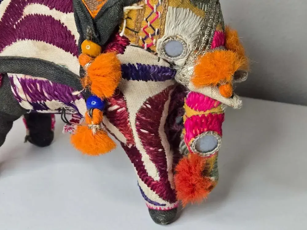 Vintage Handcrafted Indian Folk Art Patchwork Embroidered Beaded Elephant Figure